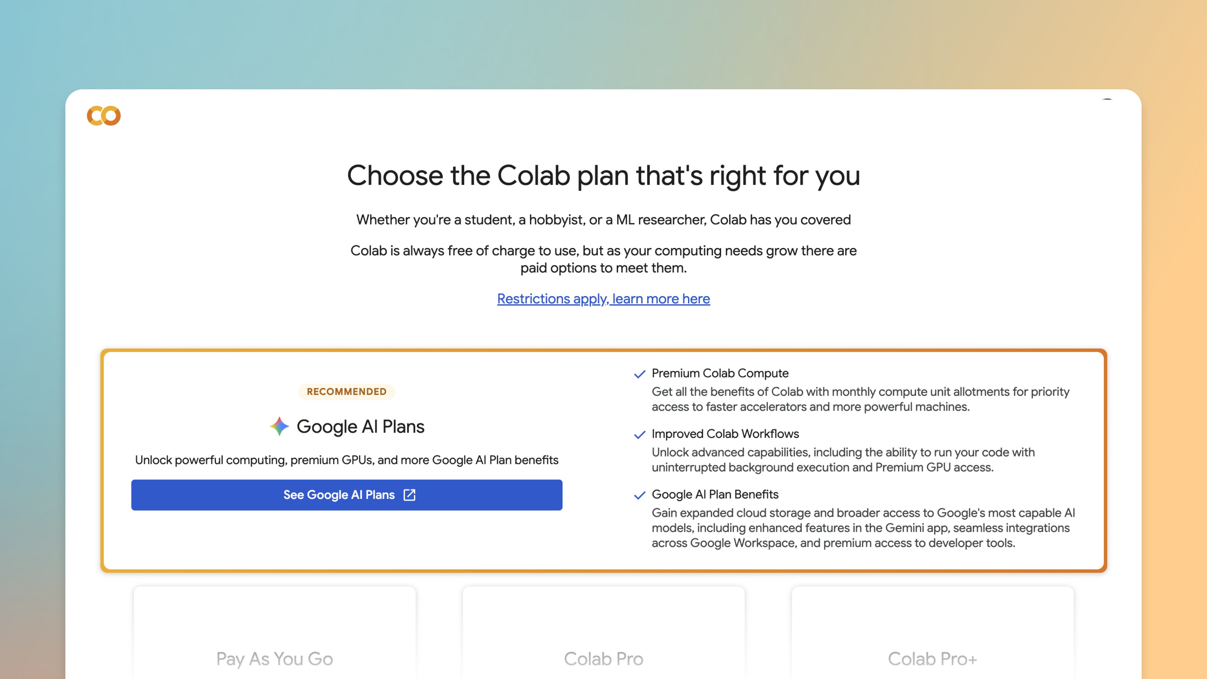 مزايا Colab ضمن خطط Google AI Pro